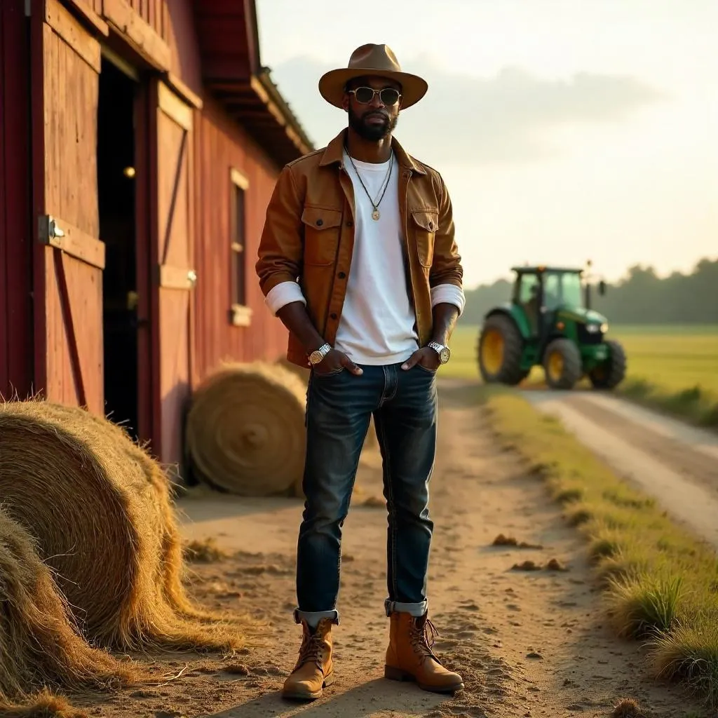 Photorealistic Stylish Black Man on a Rustic Farm