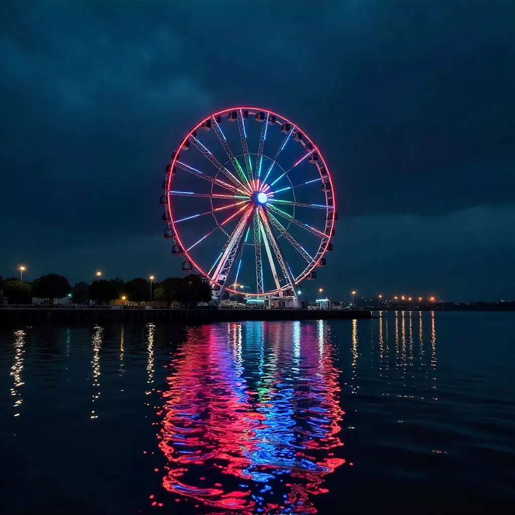 Illuminated Ferris Wheel Reflections on Night Water