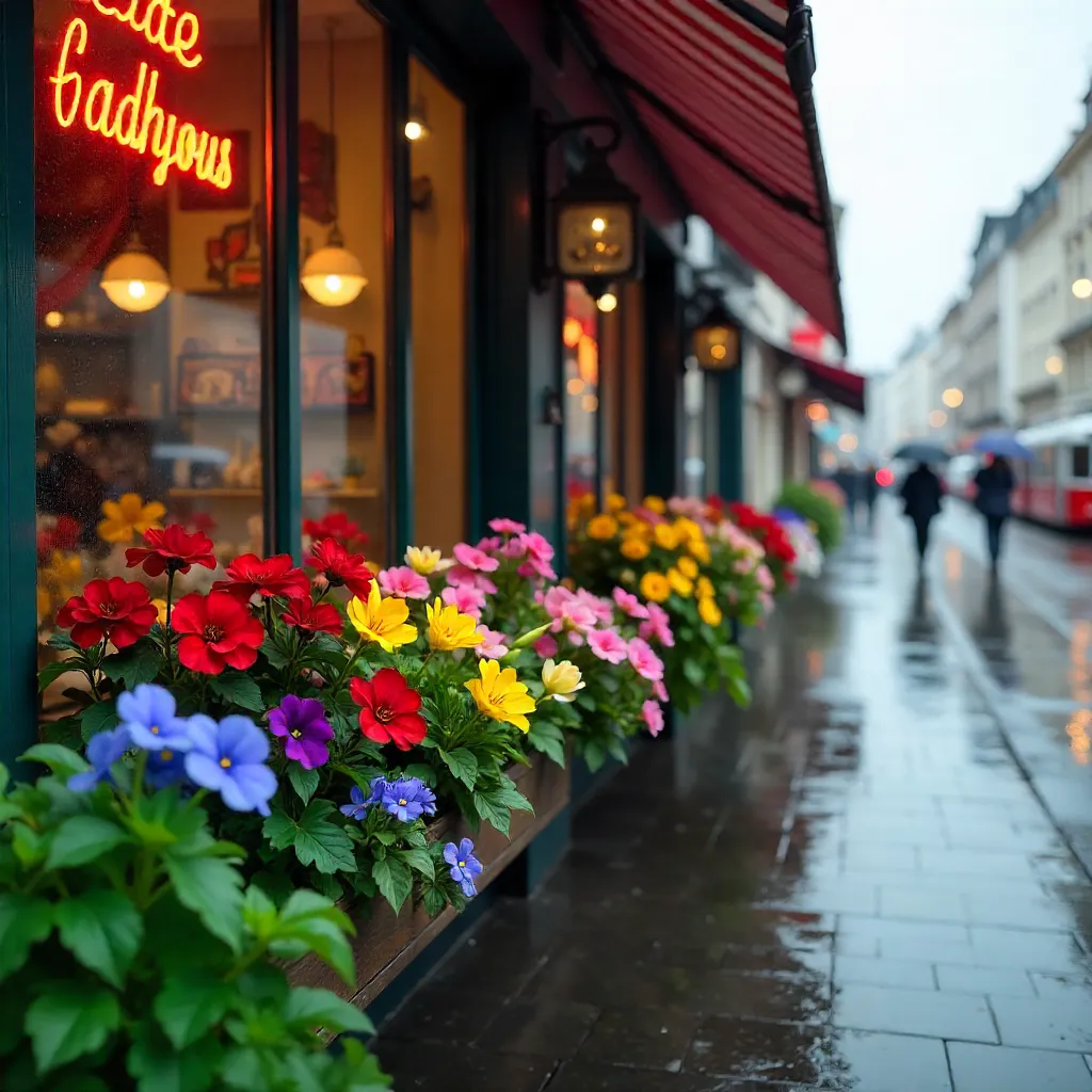 Rainy Stuttgart Flower Display Outside a Shop