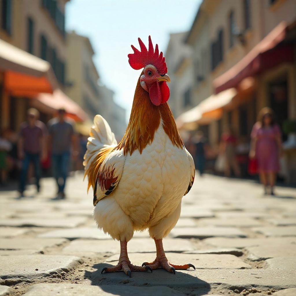 Photorealistic Chicken in a Sunlit Town Square