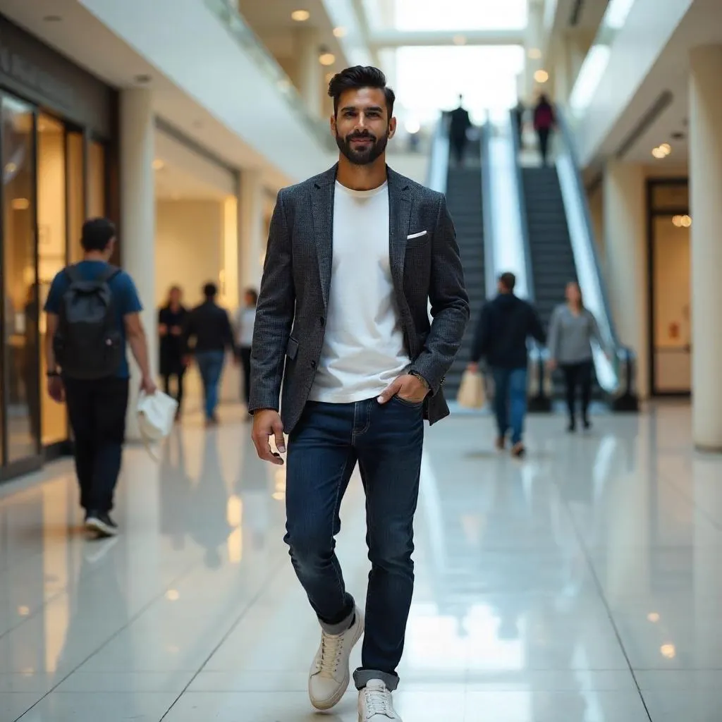 Photorealistic Latino Man in a Modern Shopping Mall