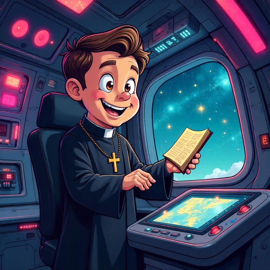 Cartoon Priest Aboard a Neon Spaceship