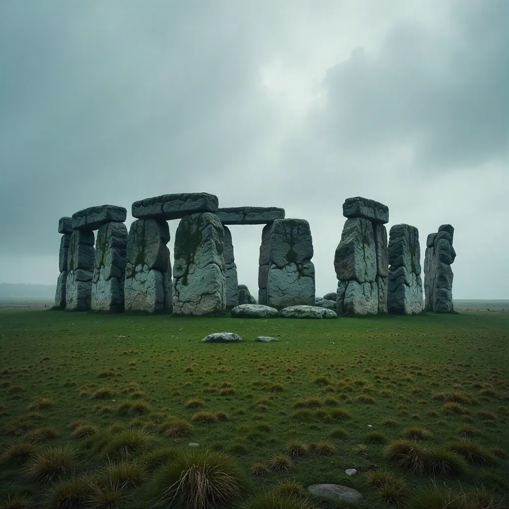 Stonehenge under a brooding gray sky