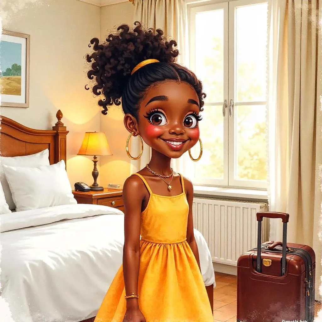 Cheerful Black Girl in a Hotel Room — Watercolor Portrait