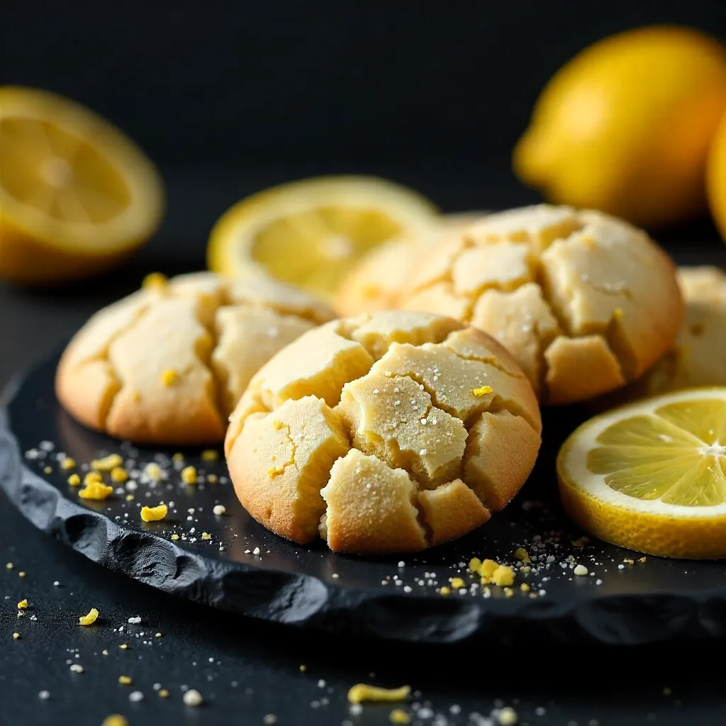 Crinkly Lemon Cookies on a Dark Slate Plate