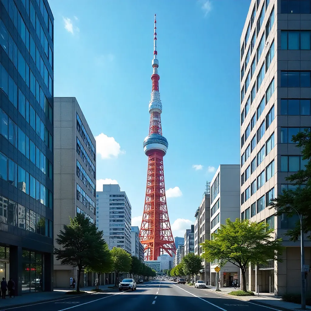 Sunny Tokyo Tower Amid Skyscrapers in Minato Ward