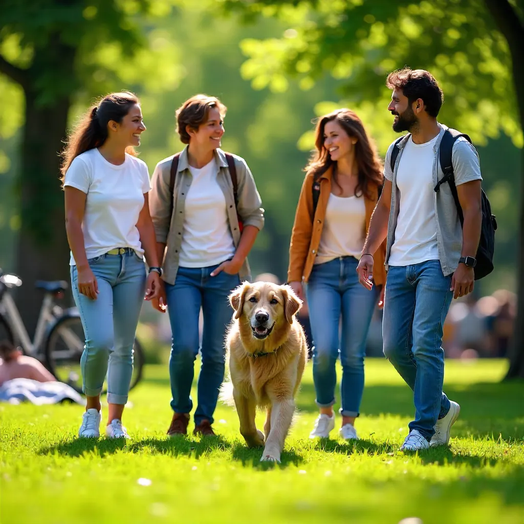Joyful Friends Outdoors with a Playful Dog