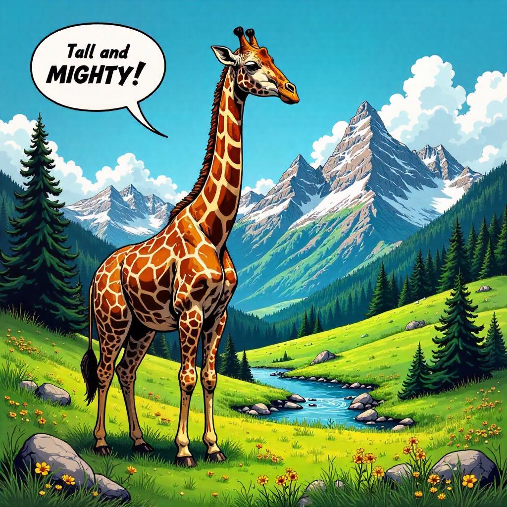 Giraffe Hero in Alpine Meadow (Comic Book Style)