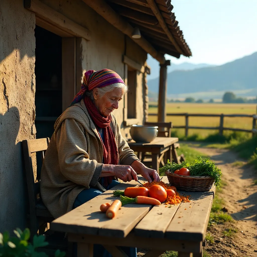 Evening in the Village: Elderly Woman Preparing Vegetables