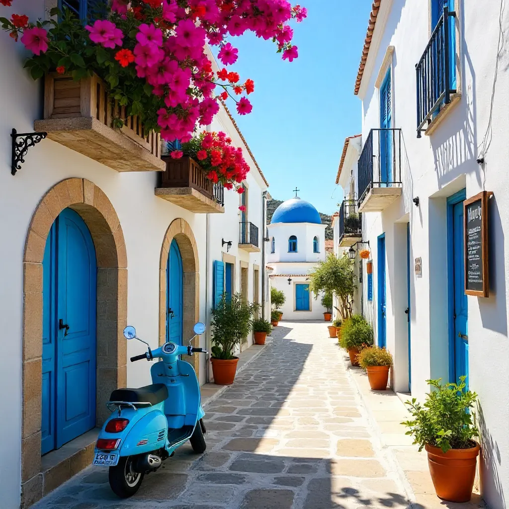 Parikia Lane: Flowers, Whitewashed Walls, and Blue Shutters