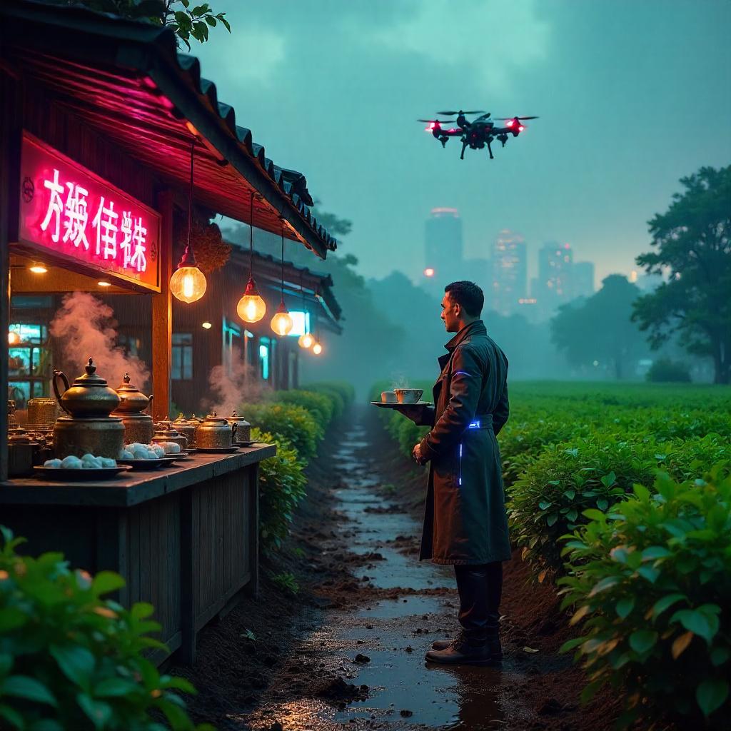 Neon Cyberpunk Merchant in a Tea Plantation
