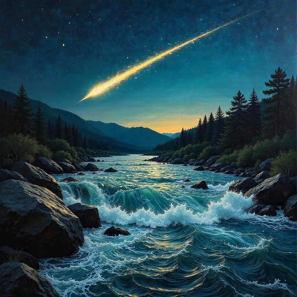 Comet over the Rushing River in Oil Painting