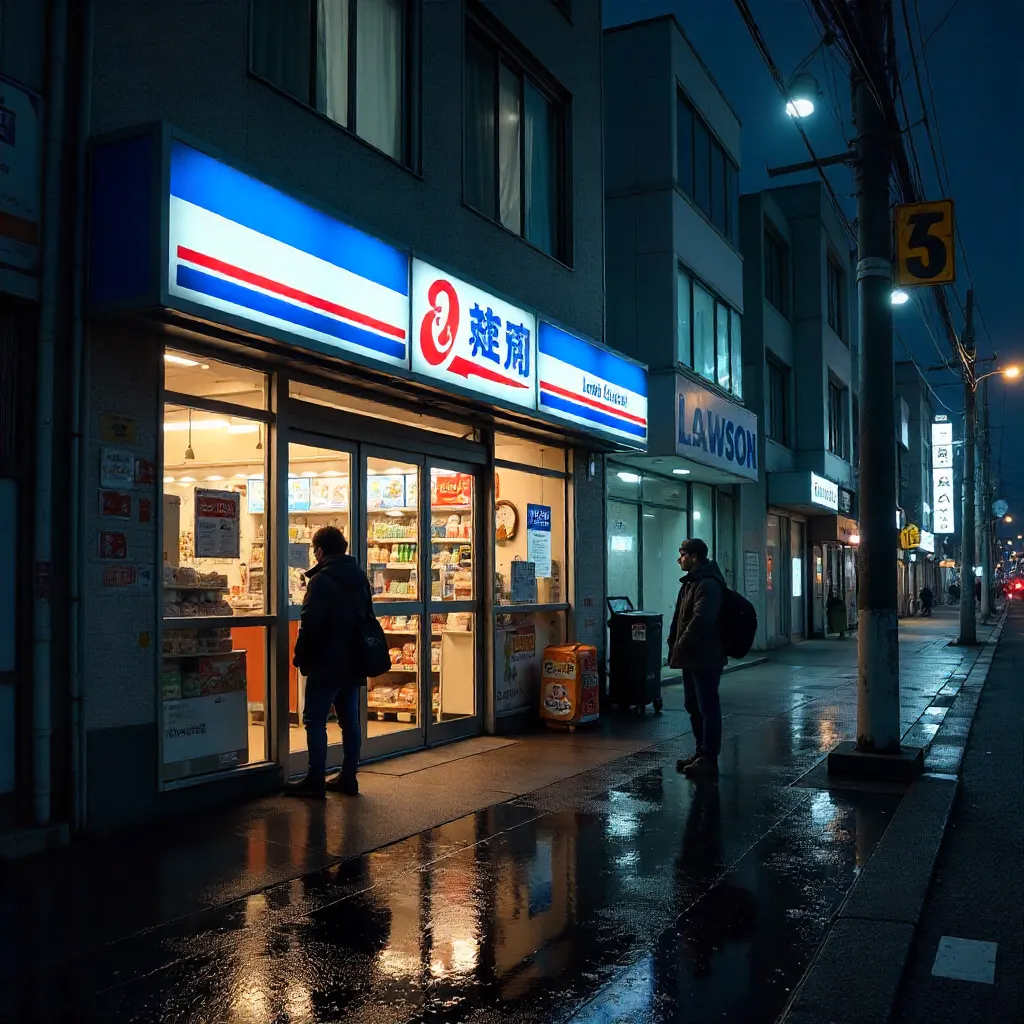 Nightfall at Lawson: Neon Entrance, People, Reflections