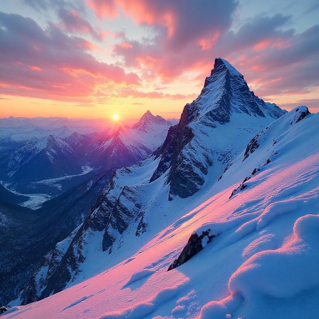 Alpenglow Sunset on a Snowy Mountain Summit
