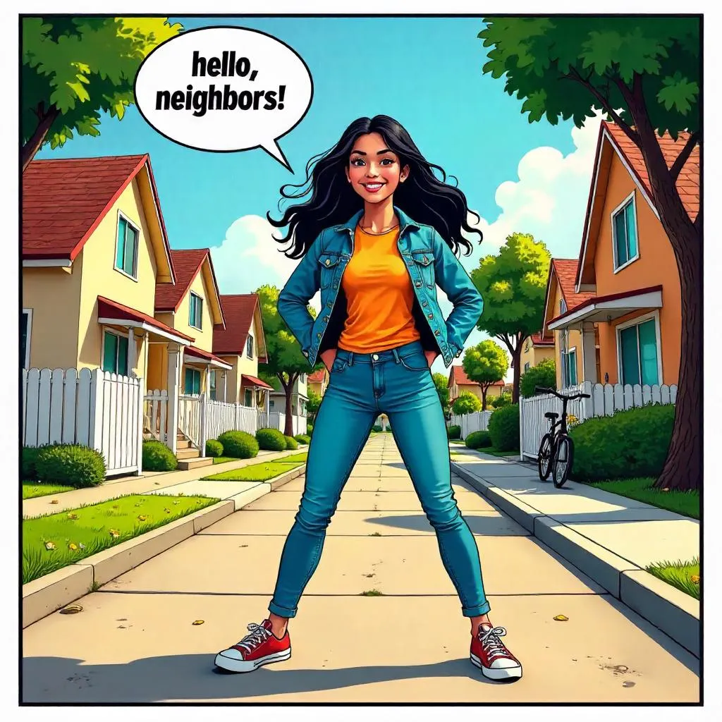 Cheerful Latina Hero in Suburban Comic Scene