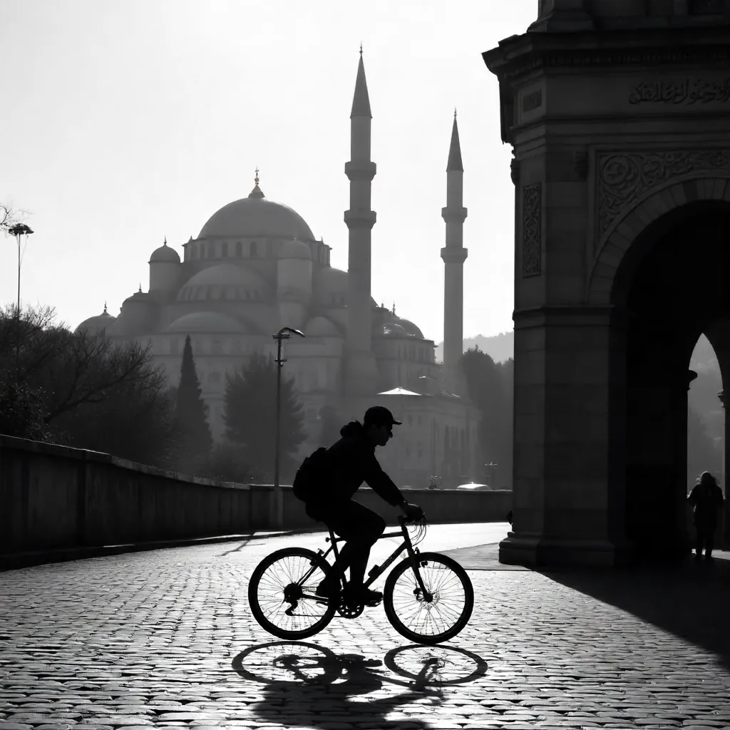 Silhouette of Cyclist near Bursa's Historic Mosque
