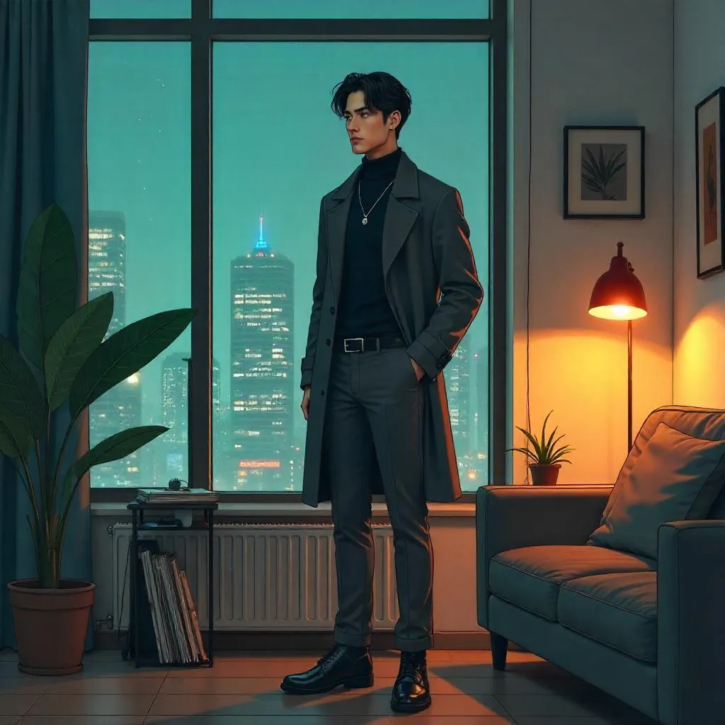 Sleek Asian Man in an Anime-Style Apartment