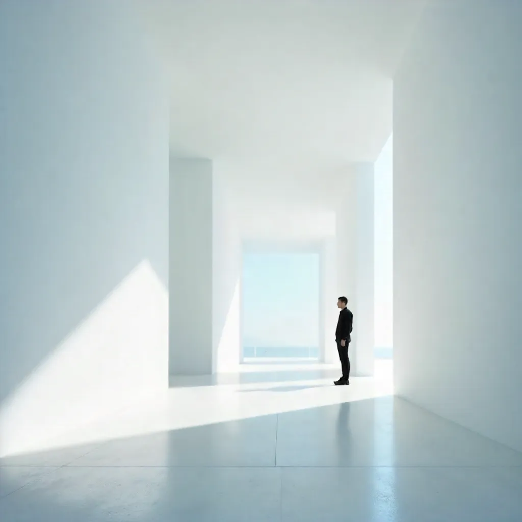 Silhouette in a White Minimalist Corridor