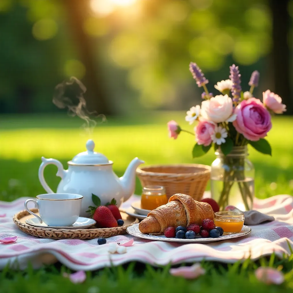 Elegant Outdoor Picnic with Tea and Croissants
