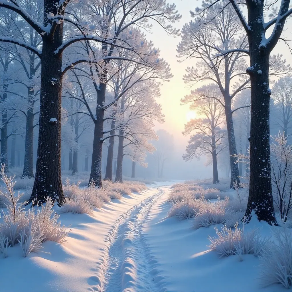 Snowbound Forest Path at Frosted Dawn