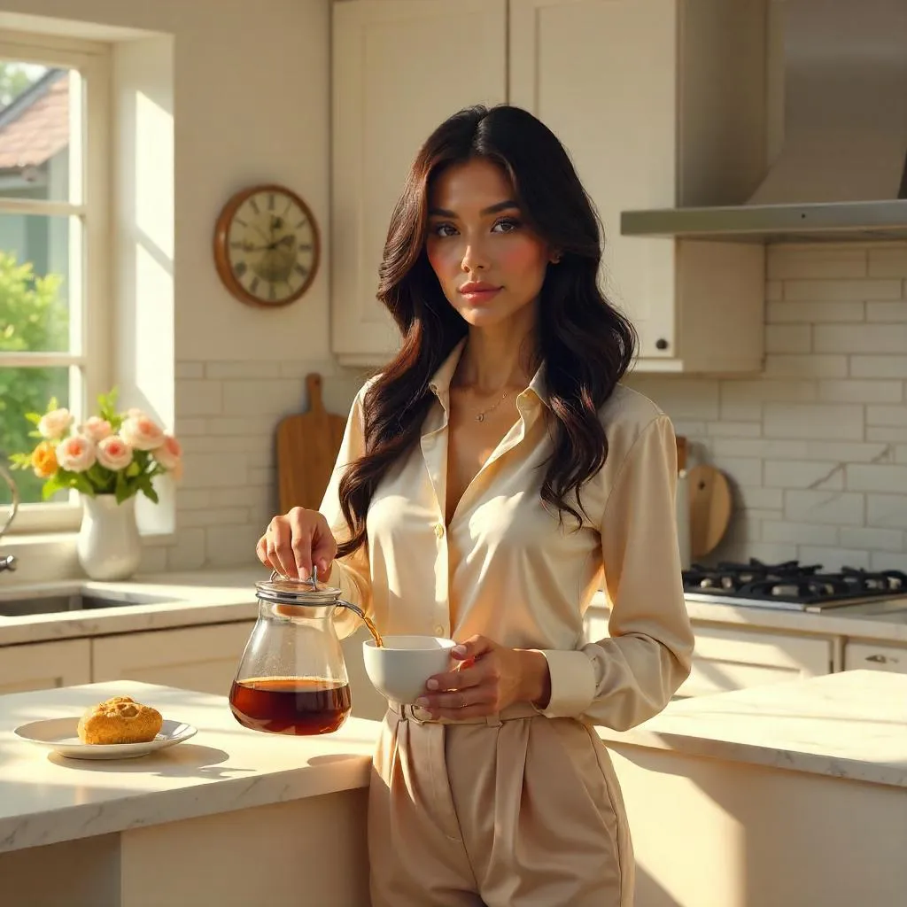 Elegant Latina Woman in a Sunlit Modern Kitchen