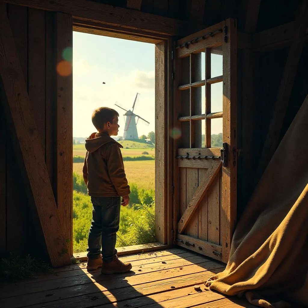 Curious Child Exploring a Sunlit Windmill Interior