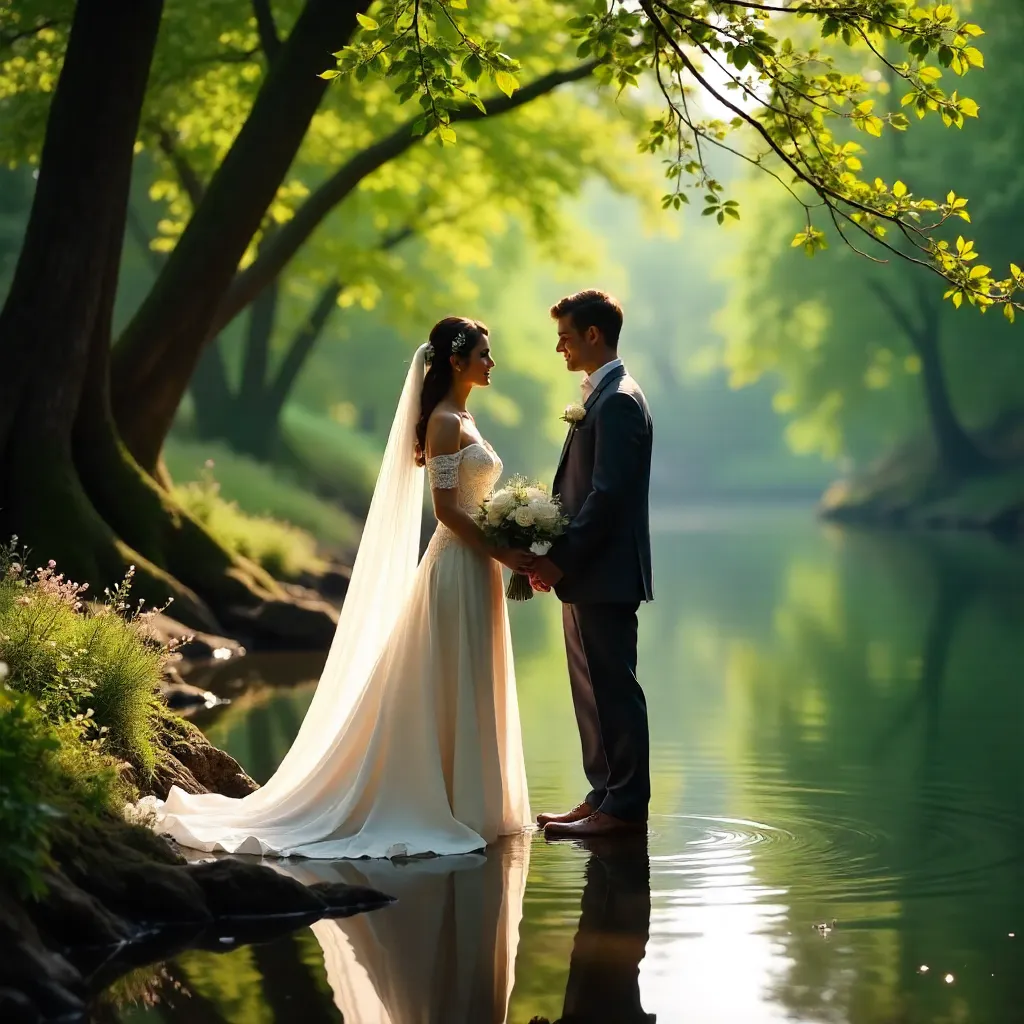 Wedding Portrait by a Serene River Under Green Canopy