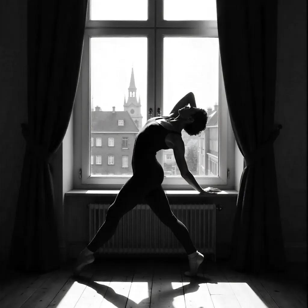 Black and White Ballet Dancer Stretching by a Window in Berlin