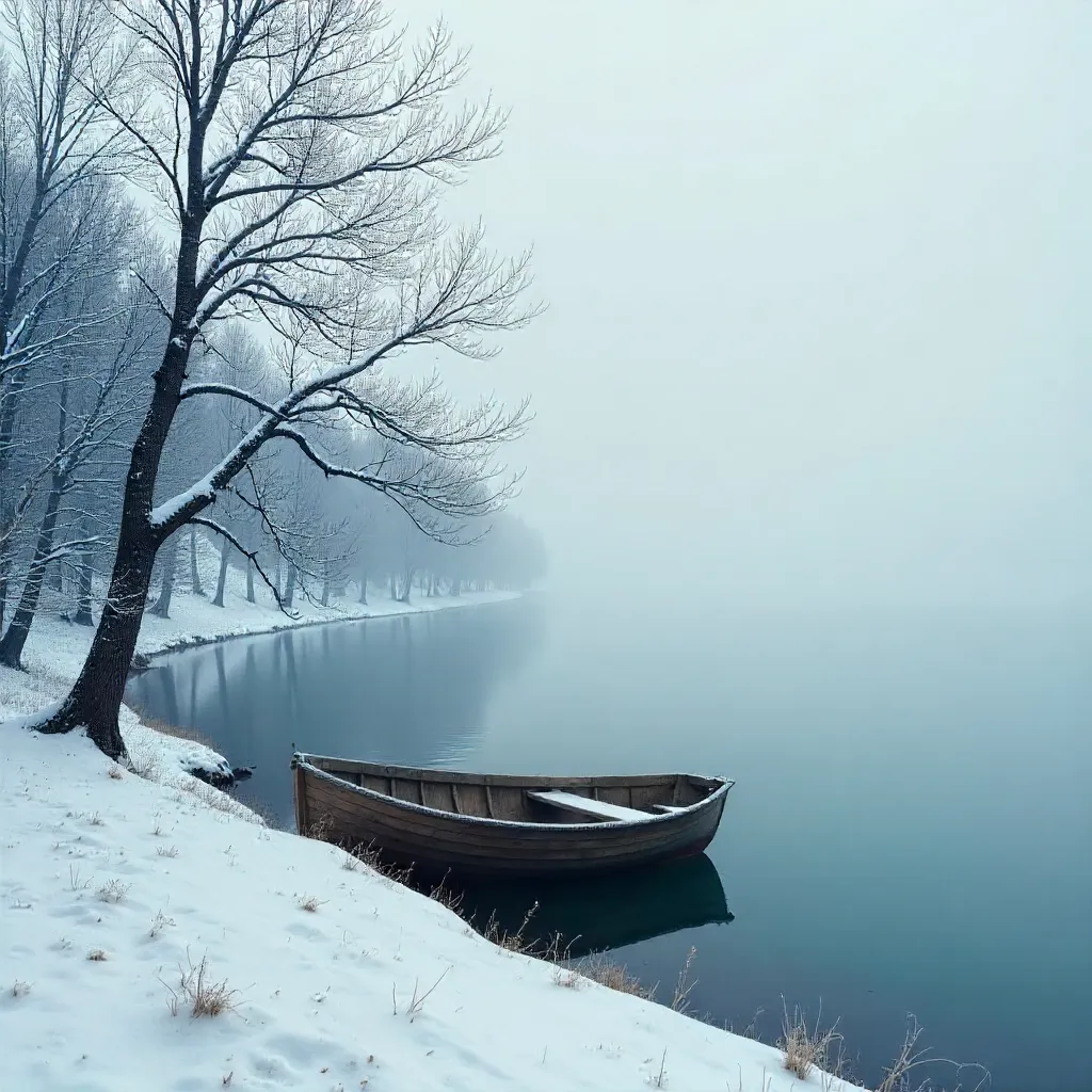 Serene Winter Lake with a Misty Boat