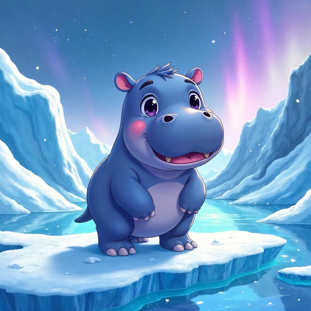 Anime Hippo on a Glittering Glacier