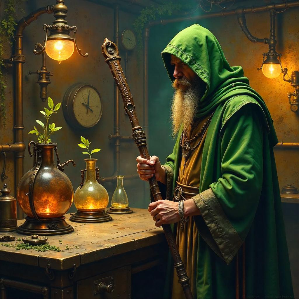 Druid in a Brass Alchemical Lab (Oil Painting)