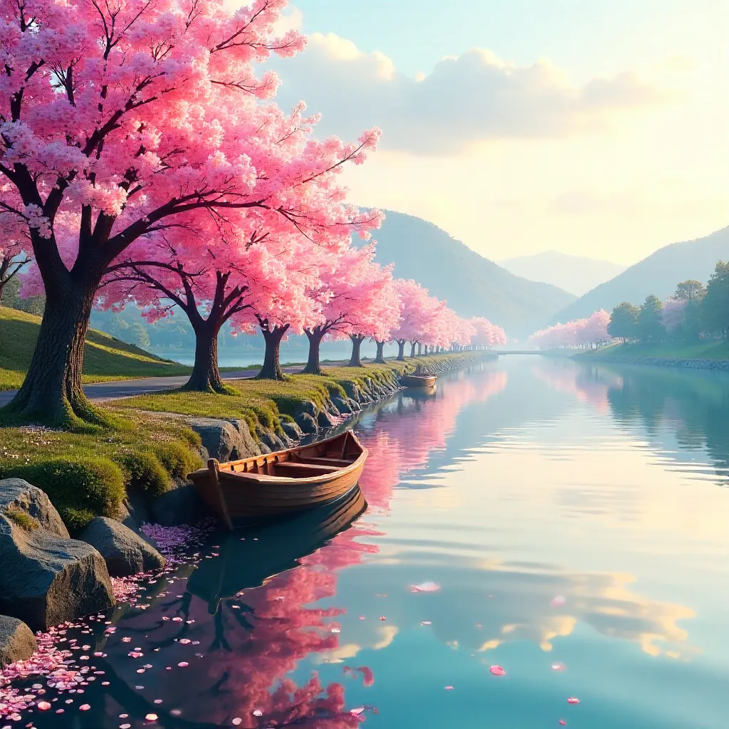 Serene Cherry Blossoms by the Gentle River