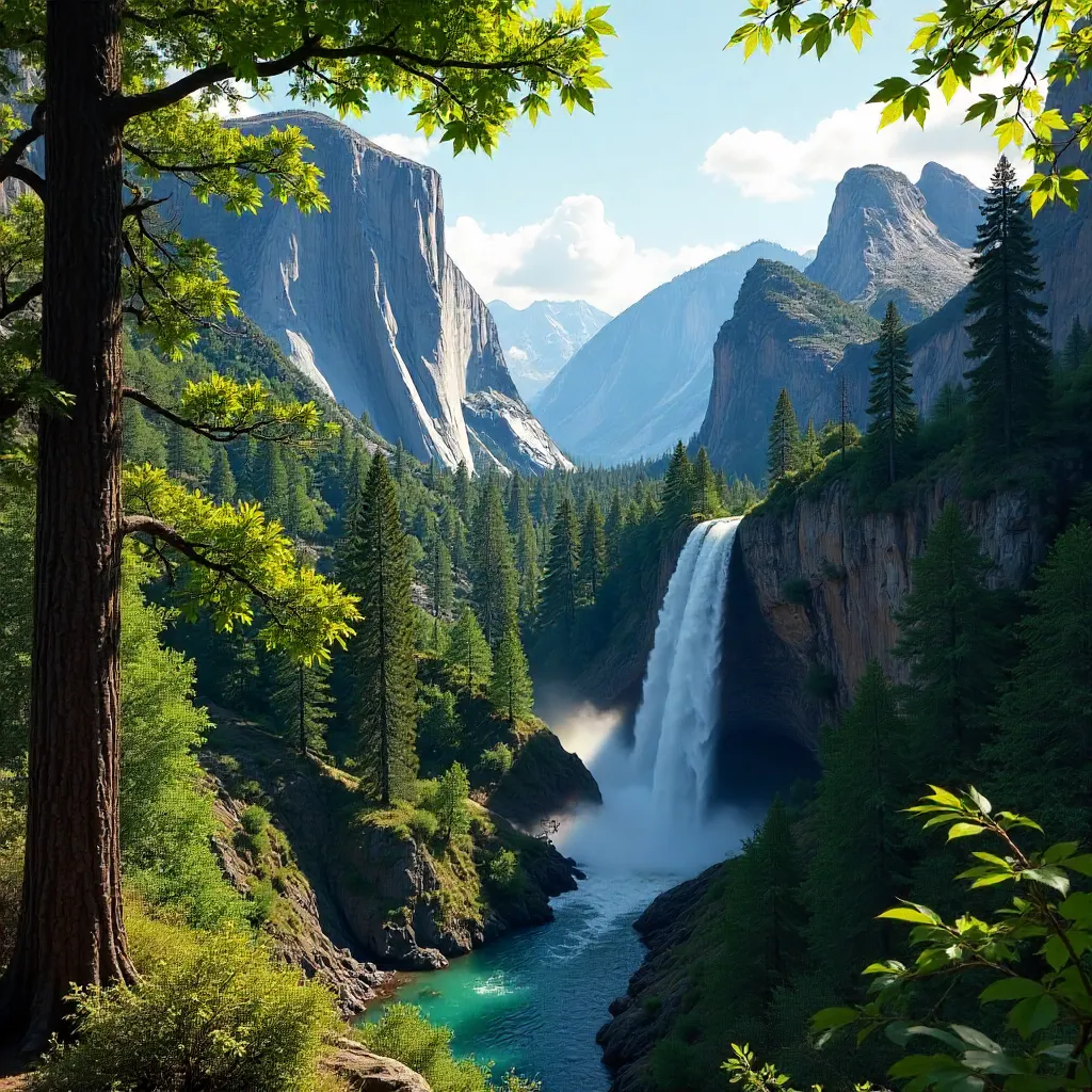 Vernal Fall Vista: Yosemite framed by trees and cliffs