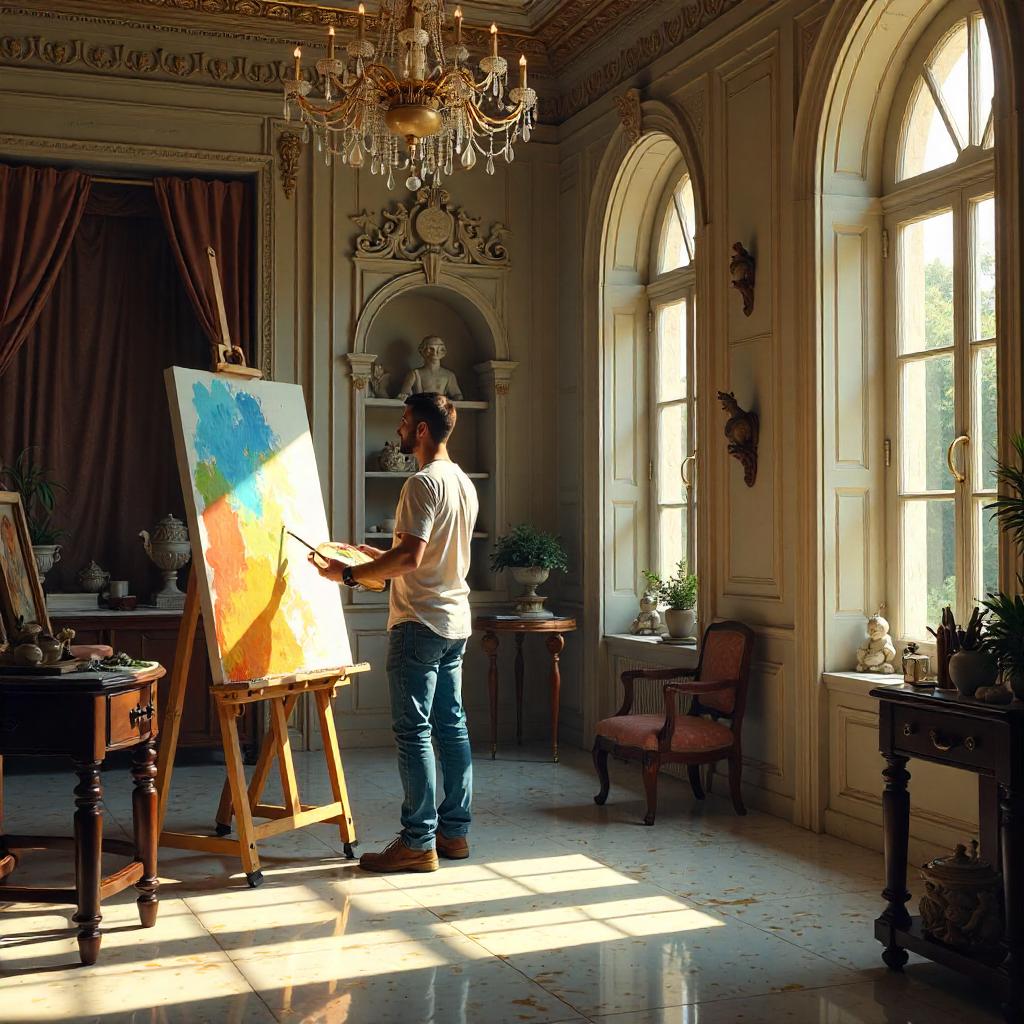 Photorealistic Artist at Work in a Grand Mansion