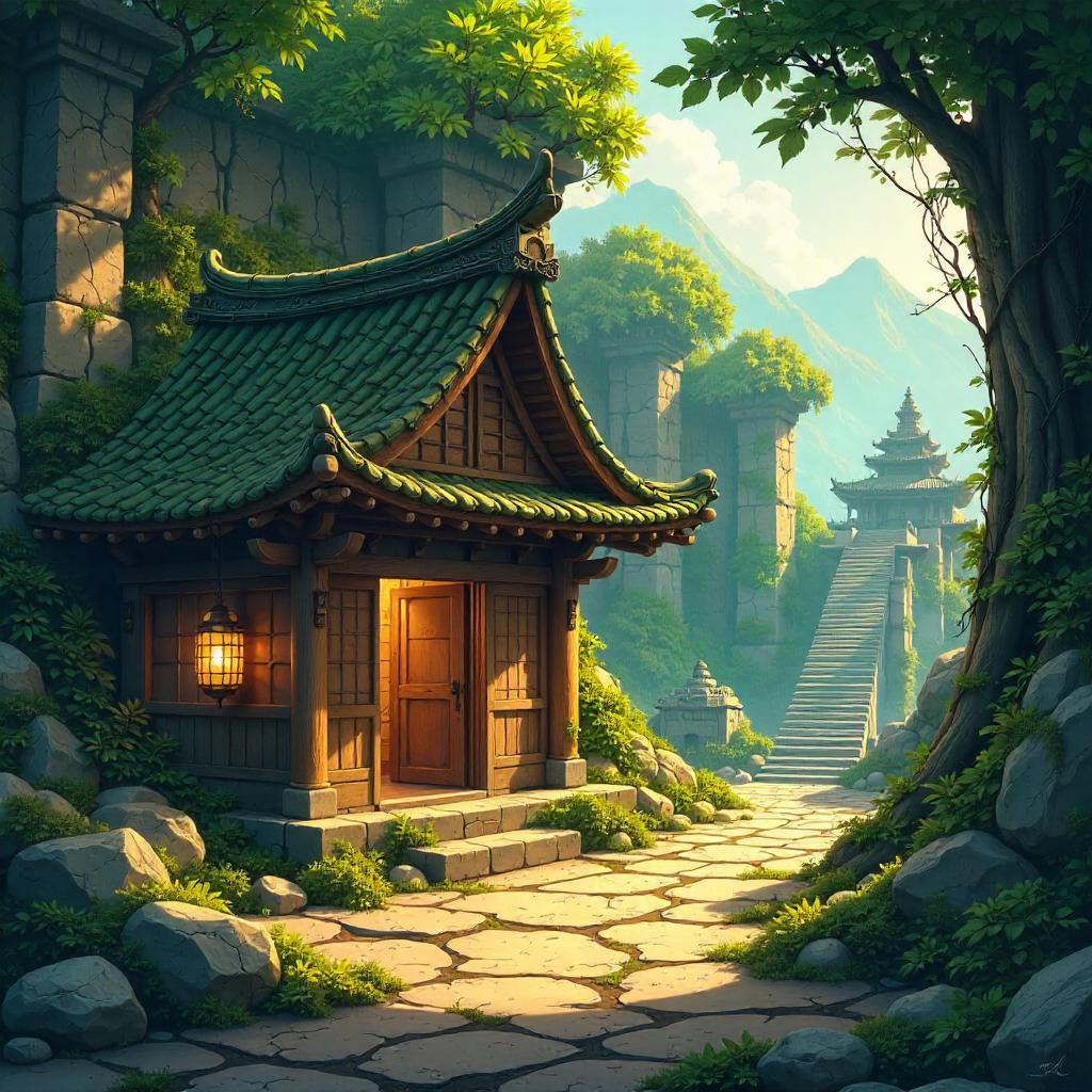 Anime Hut Amid Ancient Temple Ruins
