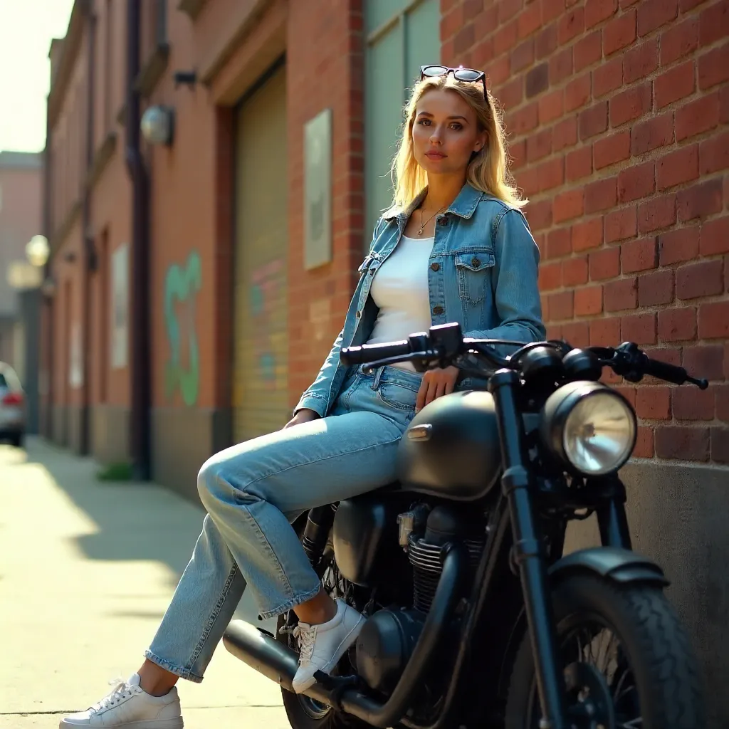 Woman Resting on a Motorcycle in Daylight