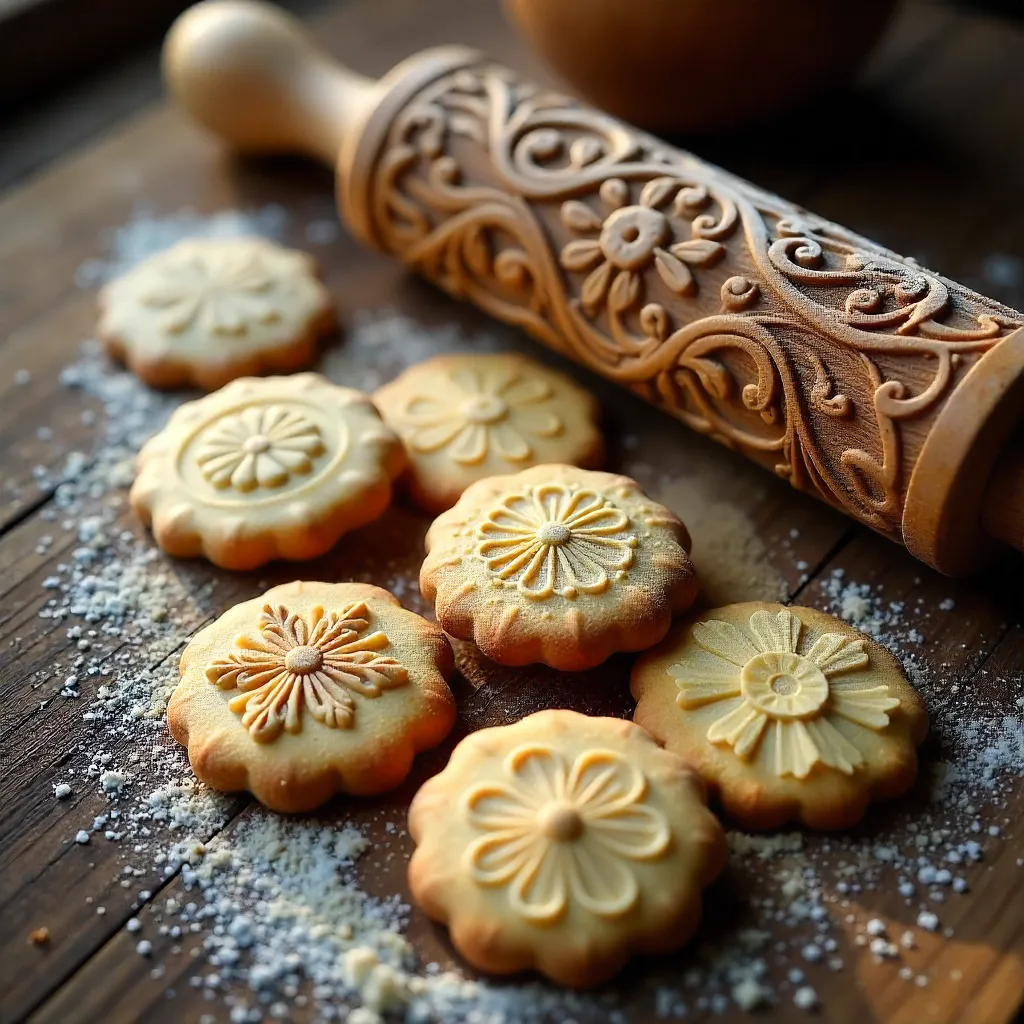 Embossed Artisan Cookies & Rolling Pin on Rustic Wood