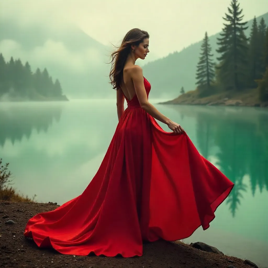 Red Dress by a Misty Turquoise Lake with Dramatic Fabric Flow