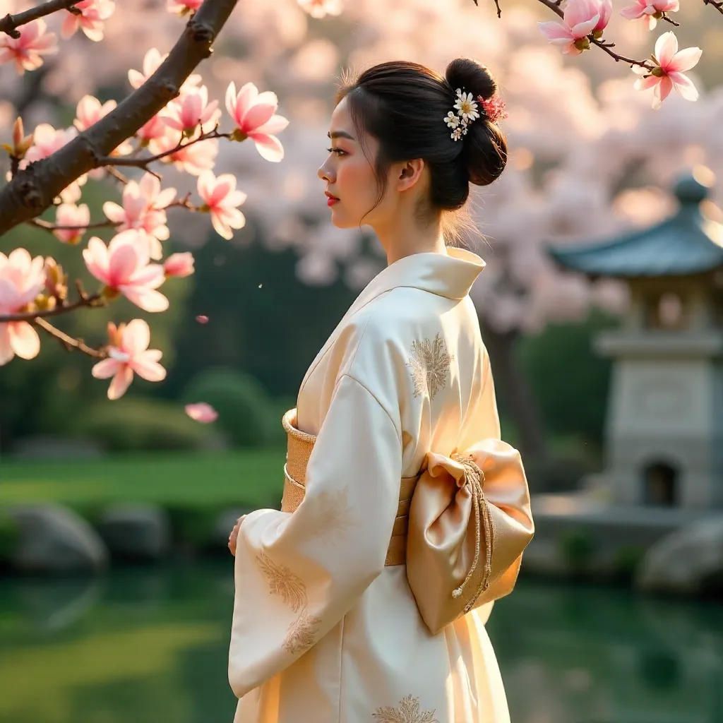 Elegant Kimono Amid Magnolia Blossoms