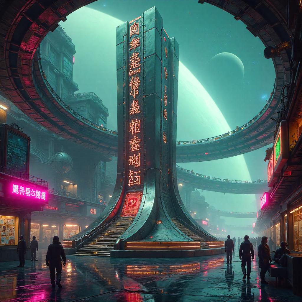 Neon Monument in a Cyberpunk Space Colony