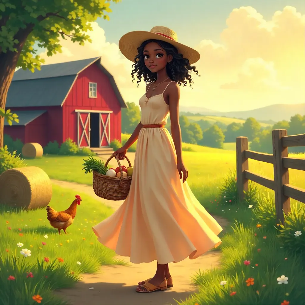 Elegant Black Girl on a Farm in Anime Style