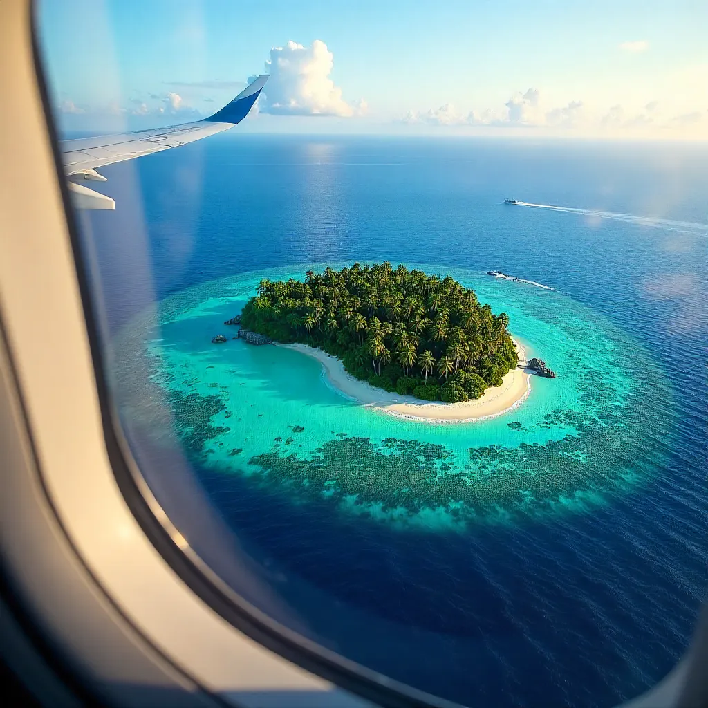 Aerial Window View: Secluded Island Over Deep Blue Ocean