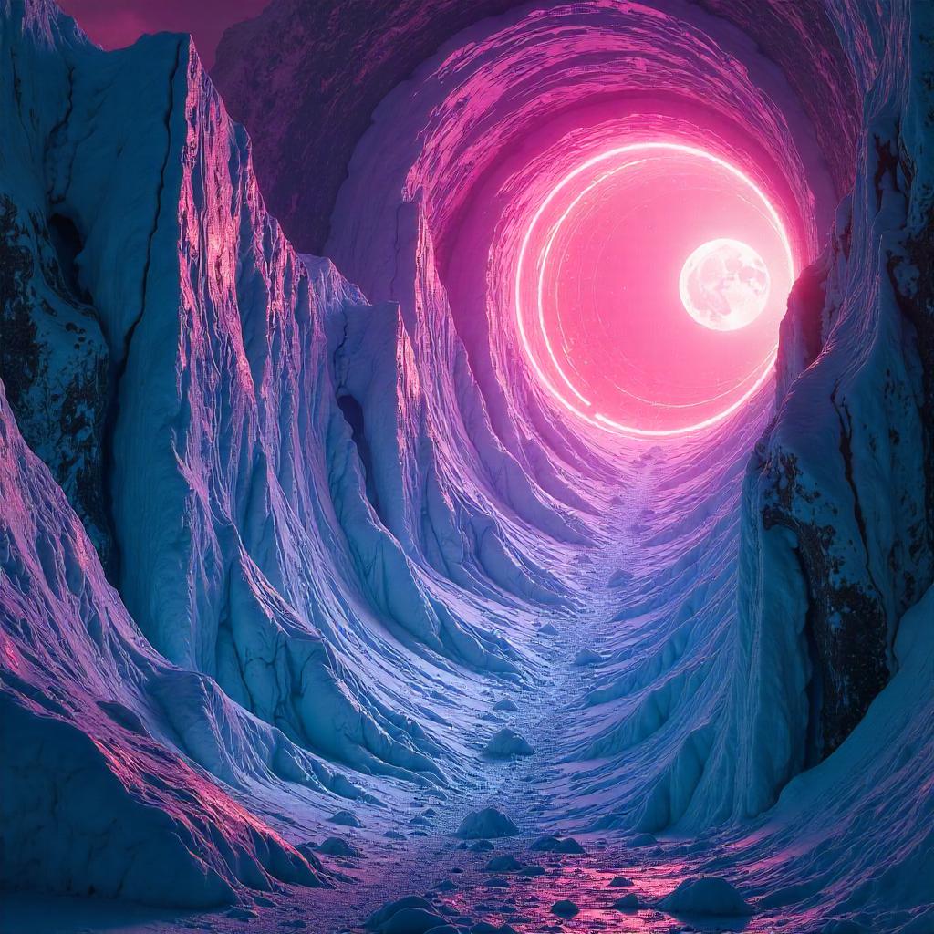 Cyberpunk Glacier Ensnared by a Black Hole