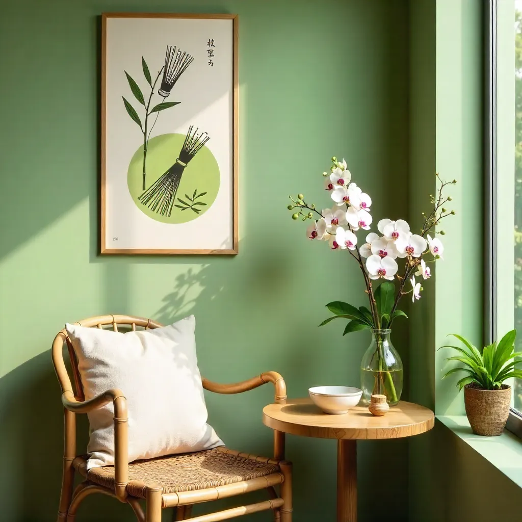 Elegant Cafe Corner: Matcha Posters, Bamboo Chair, Floral Decor