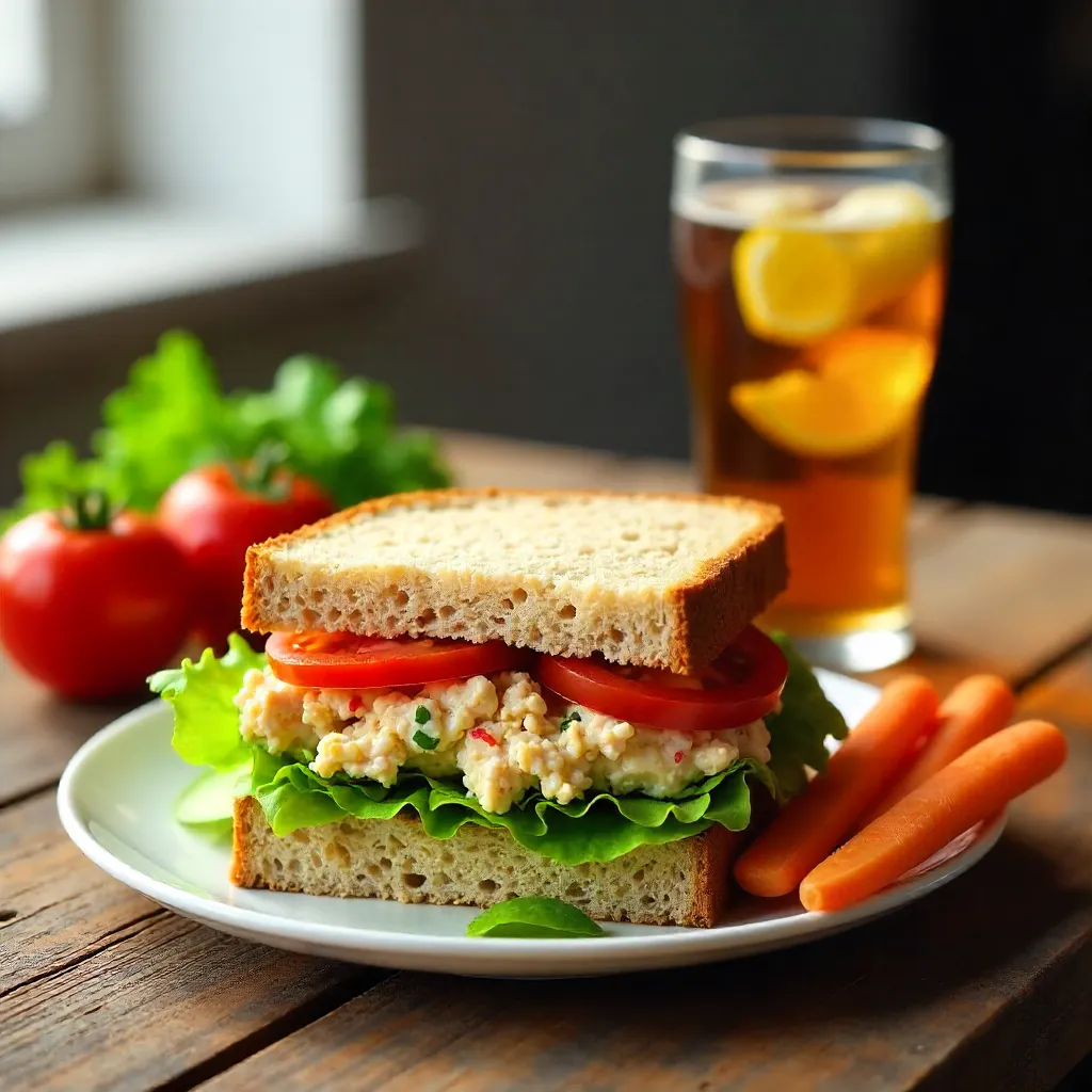 Healthy Tuna Sandwich with Fresh Veggies and Iced Tea on Rustic Table