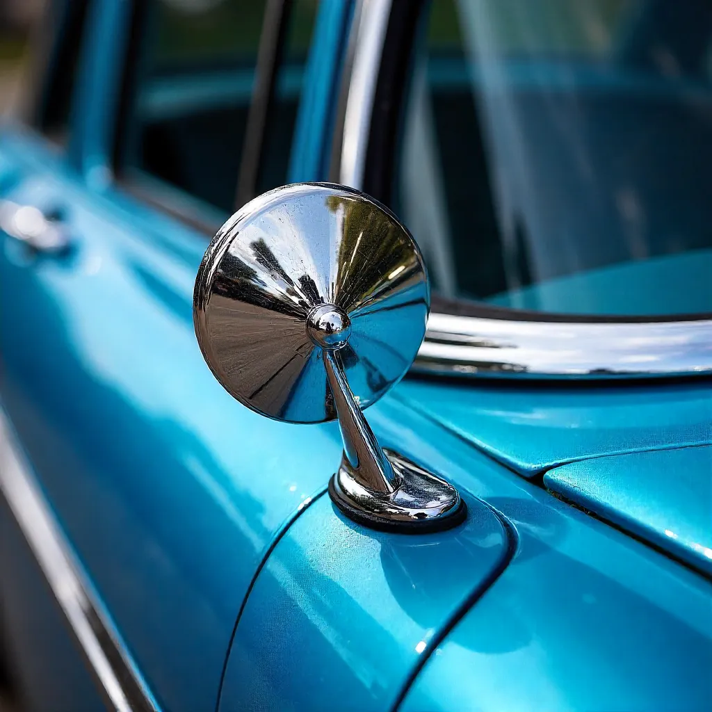 Close-Up Chrome Mirror and Window Trim on Vibrant Blue Classic Car