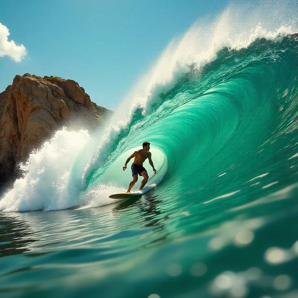Surfer Rides a Powerful Wave Along Rocky Coast