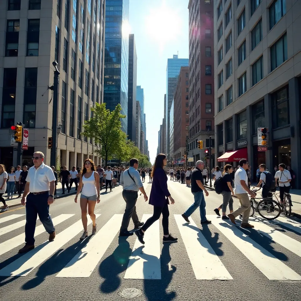 Bustling City Crosswalk Under a Bright Sky