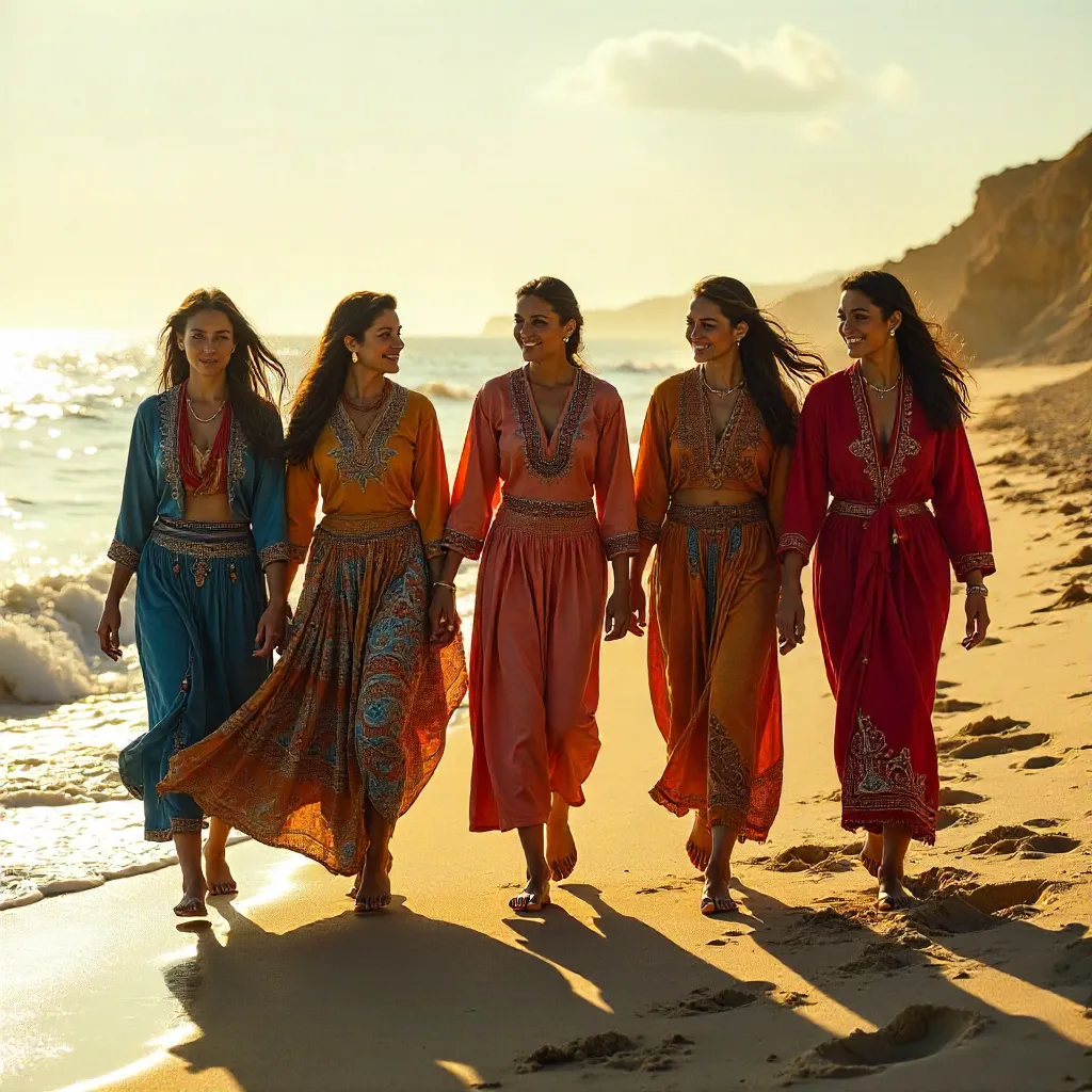 Sunlit Sand and Five Women in Vibrant Scarves