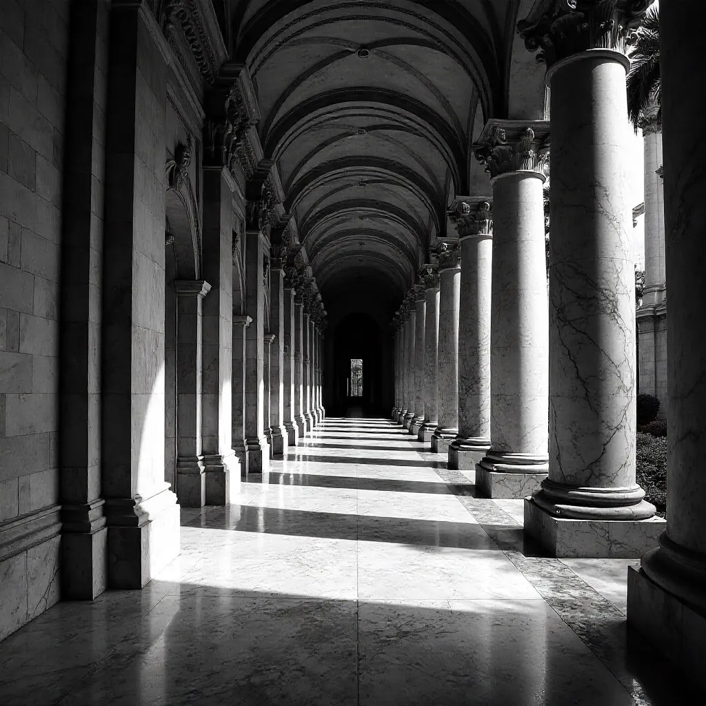 Grand Black-and-White Corridor with Massive Columns